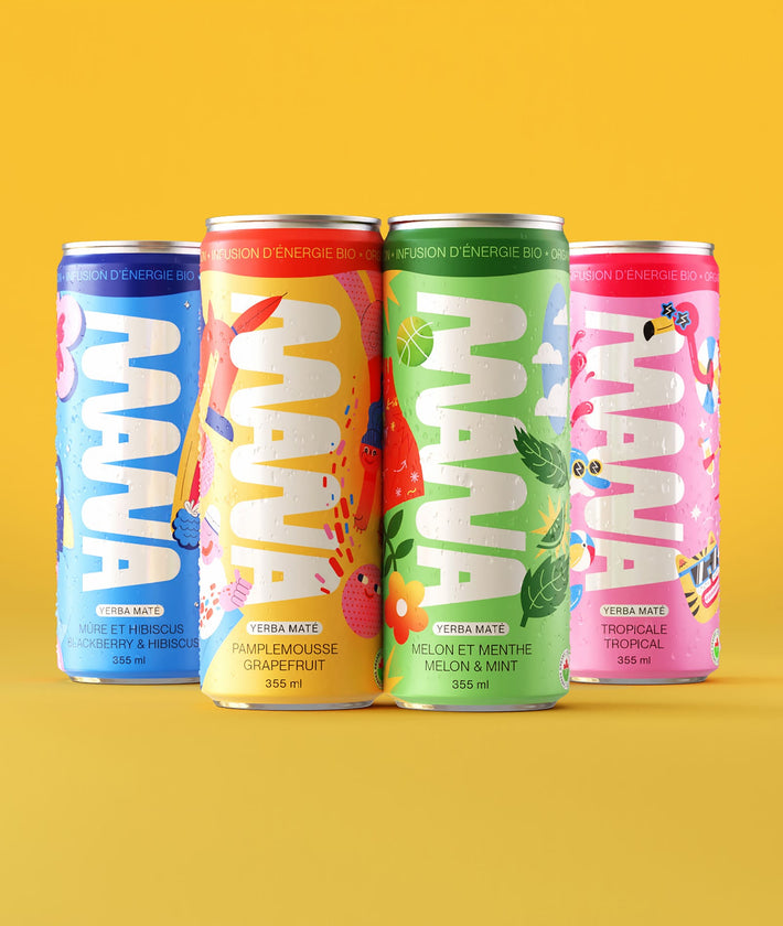4 saveurs de mana yerba maté Mûre et Hibiscus, Pamplemousse, Melon et Menthe, et Tropicale